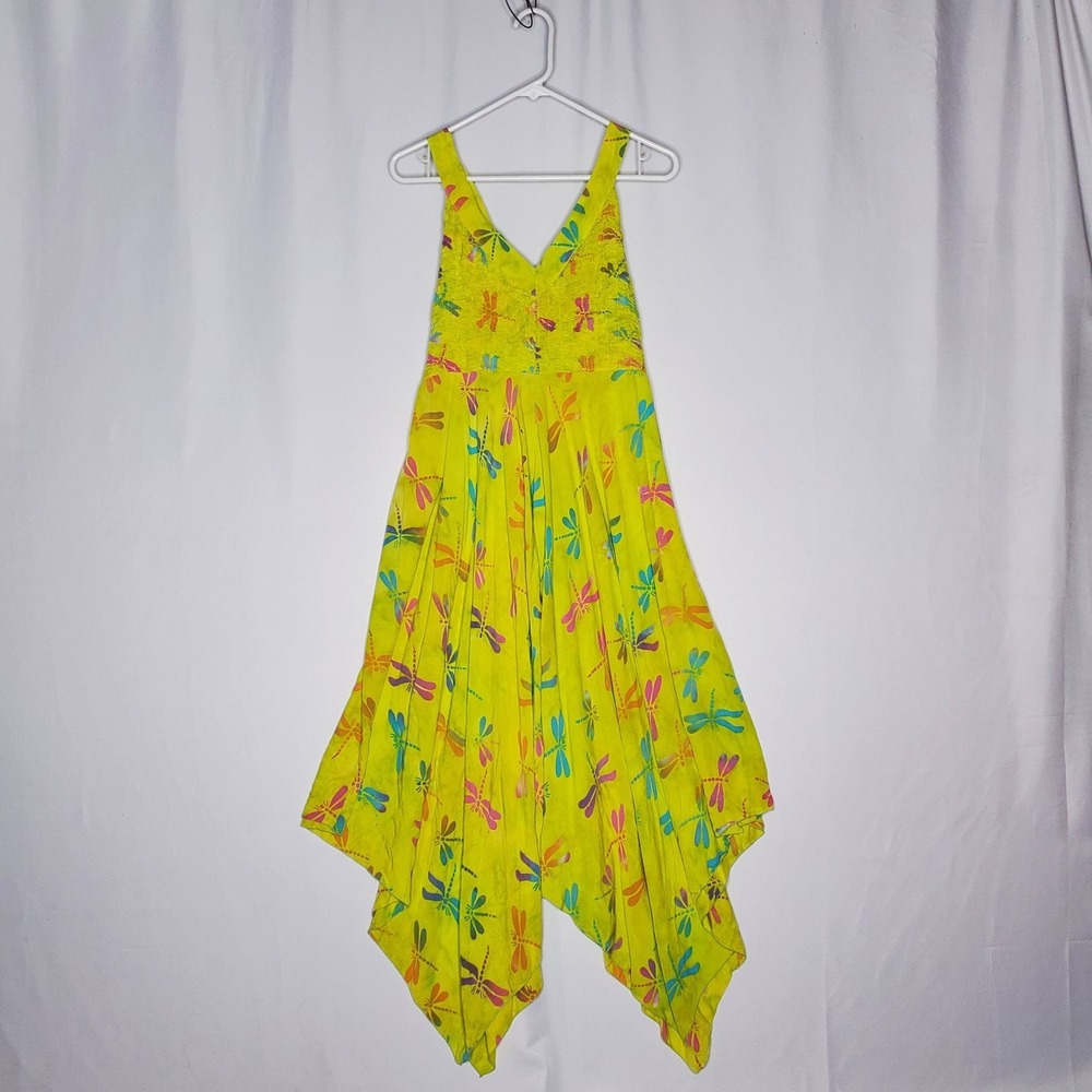 Lotus Traders Vtg Midi Dress S/M Asymmetric Dragonfly‎ Fairy Boho Rainbow Hippie